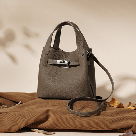 2025 New Genuine Leather Litchi Texture Basket Bag Single Shoulder Crossbody Underarm Bag Bucket Bag Commuter Fashion Women's Bag