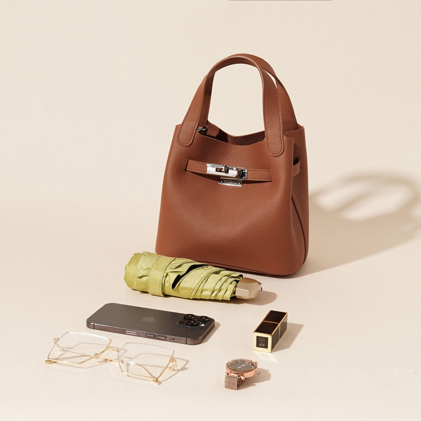 2025 New Genuine Leather Litchi Texture Basket Bag Single Shoulder Crossbody Underarm Bag Bucket Bag Commuter Fashion Women's Bag